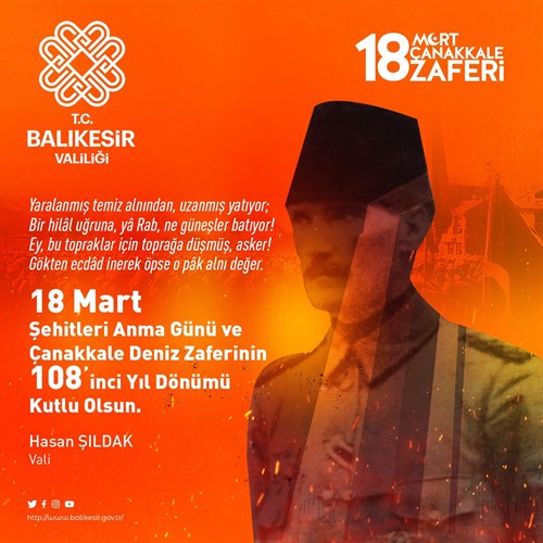 Vali Hasan Şıldak'ın 18 Mart Çanakkale Zaferi ve Şehitleri Anma Günü Mesajı2023